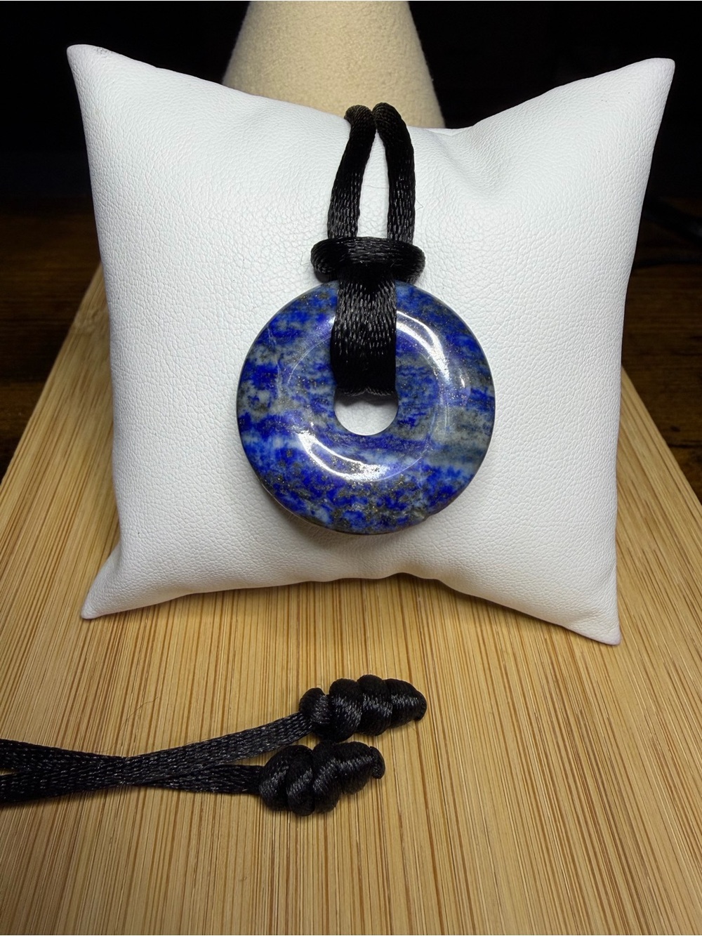 Natural Lapis Lazuli Donut Pendant 24” Adjustable Necklace